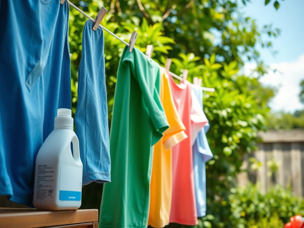 Rufe colorate spânzurate la soare, cu un recipient de detergent pe o masă din grădină.