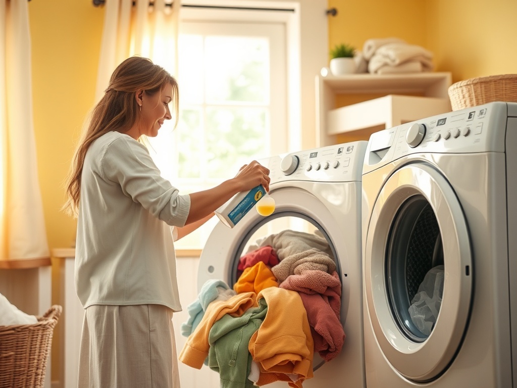 O femeie adaugă detergent într-o mașină de spălat plină cu rufe colorate, într-o cameră luminoasă.