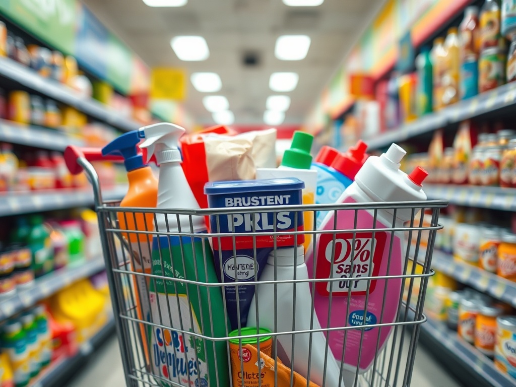 Un căruț de cumpărături plin cu produse de curățenie, într-un market cu raioane colorate în fundal.