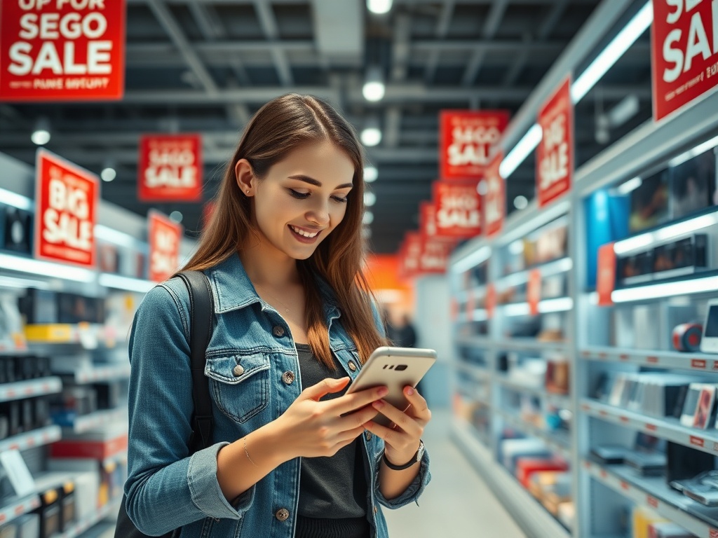 O tânără zâmbește în timp ce folosește telefonul într-un magazin plin de oferte.
