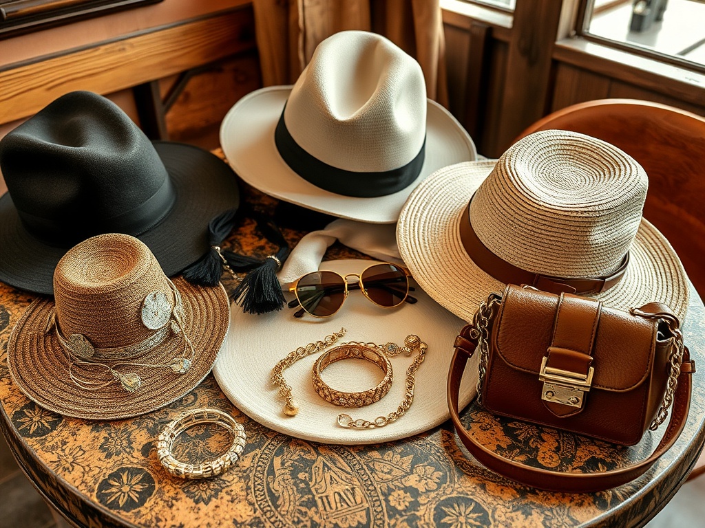 Pălării, ochelari de soare și accesorii aranjate pe o masă din lemn. Atmosferă elegantă și casuală.